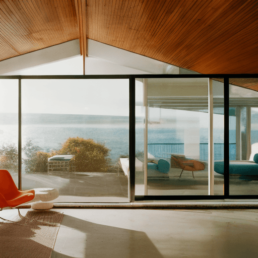 AI generated: Hyper realistic eye level exterior photo of a mid century modern style house overlooking the ocean, ...
