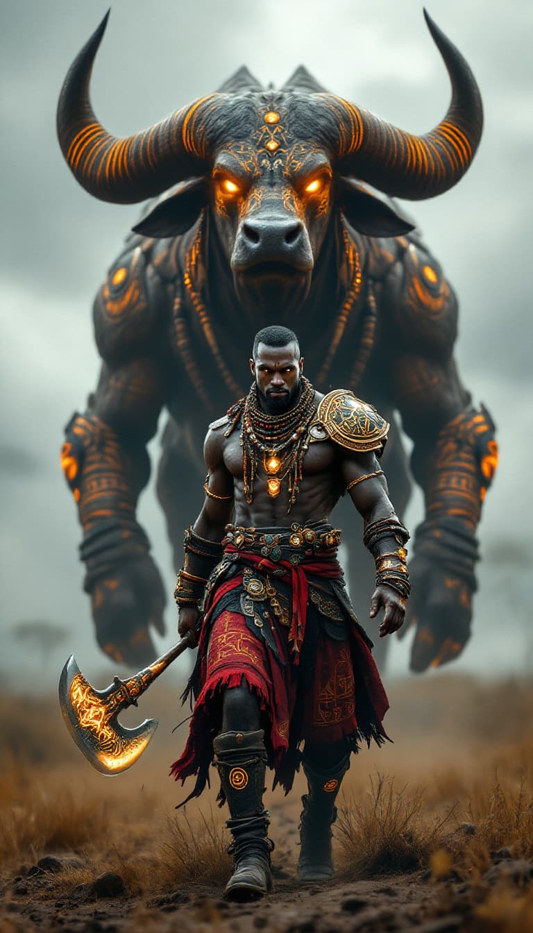 AI generated: An ultra-realistic, wide angle, front facing, full-body portrait of a skilled African Beastmaster, d...