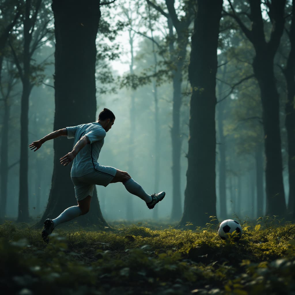 AI generated: Ronaldo scoring an unbelievable goal in the slender man woods, with slender man in goal, 8k, HD, nan...