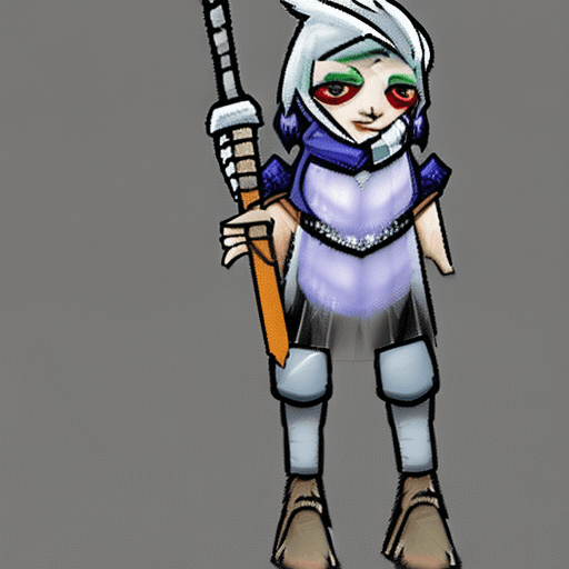 AI generated: humanoid snowy owl rogue, chibi, sword, whips, spectral daggers, female