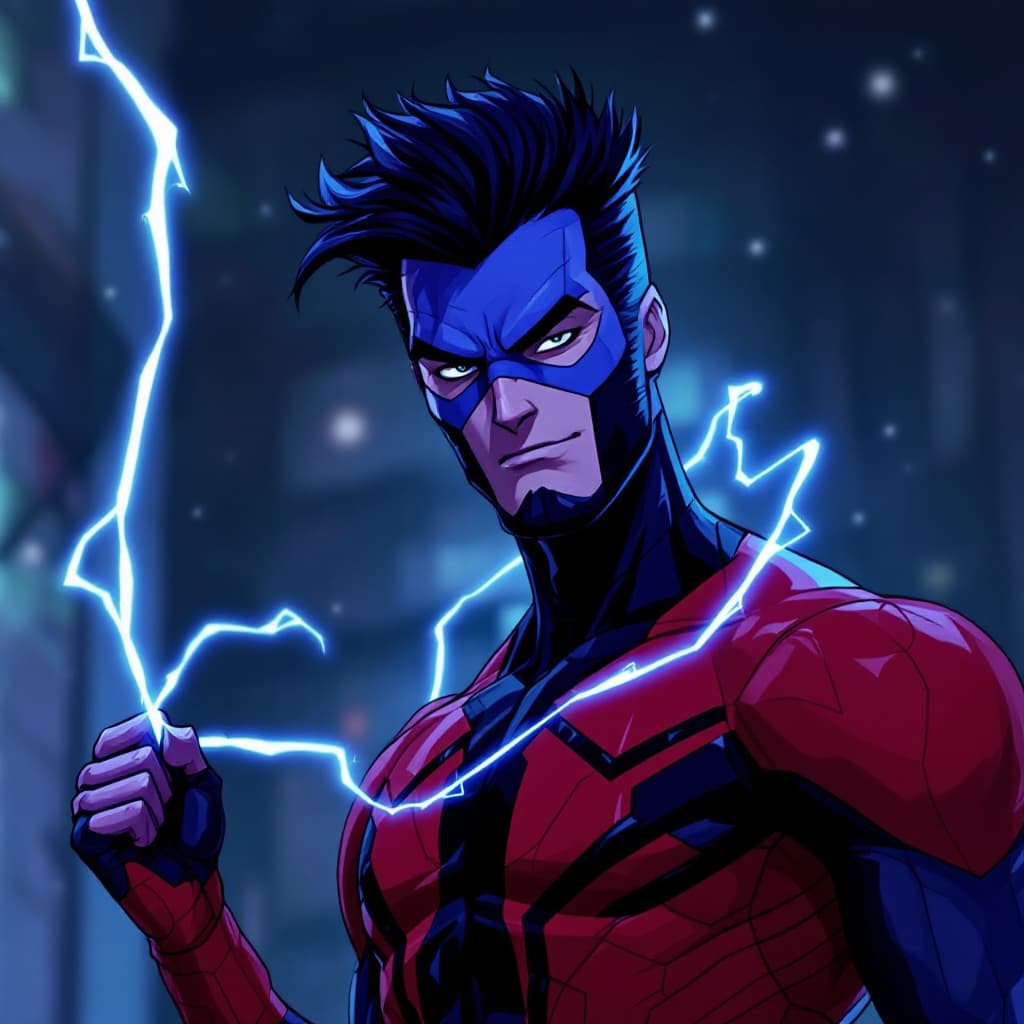 AI generated: Nightcrawler, xmen , animated, blue fur, red and black suit