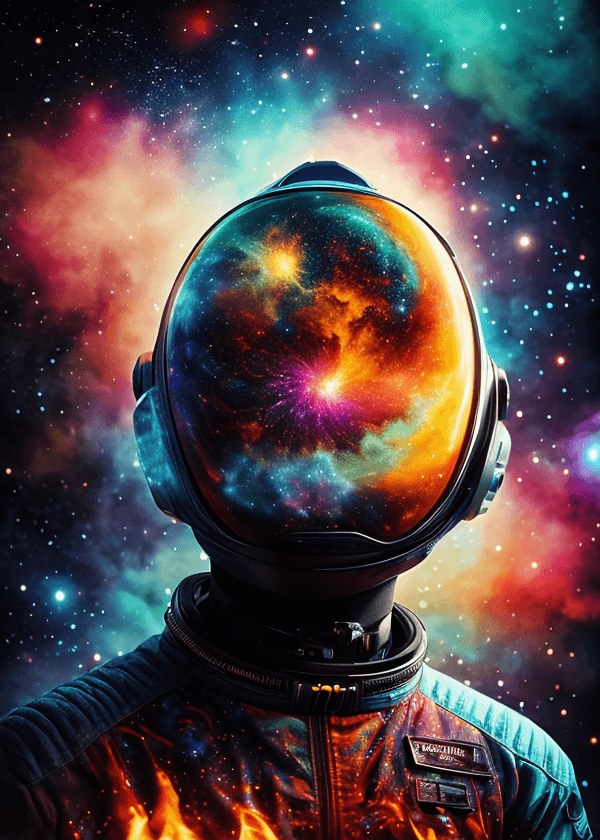 AI generated: mj, close up, a man in a space suit, standing in front of a galaxy background, trending on cgsociety...