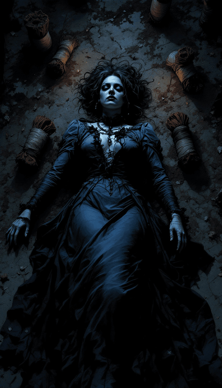 AI generated: A dark and ominous image of a Victorian ladies body lay on the ground surrounded by 5 smaller bundle...