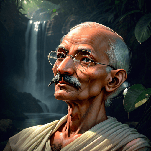AI generated: photo of Mahatma Gandhi Stunning visual photography in close-up, very close-up. next to a waterfall ...