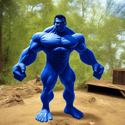 AI generated: blue Hulk, standing on an old house, getting ready to jump into a deep pool