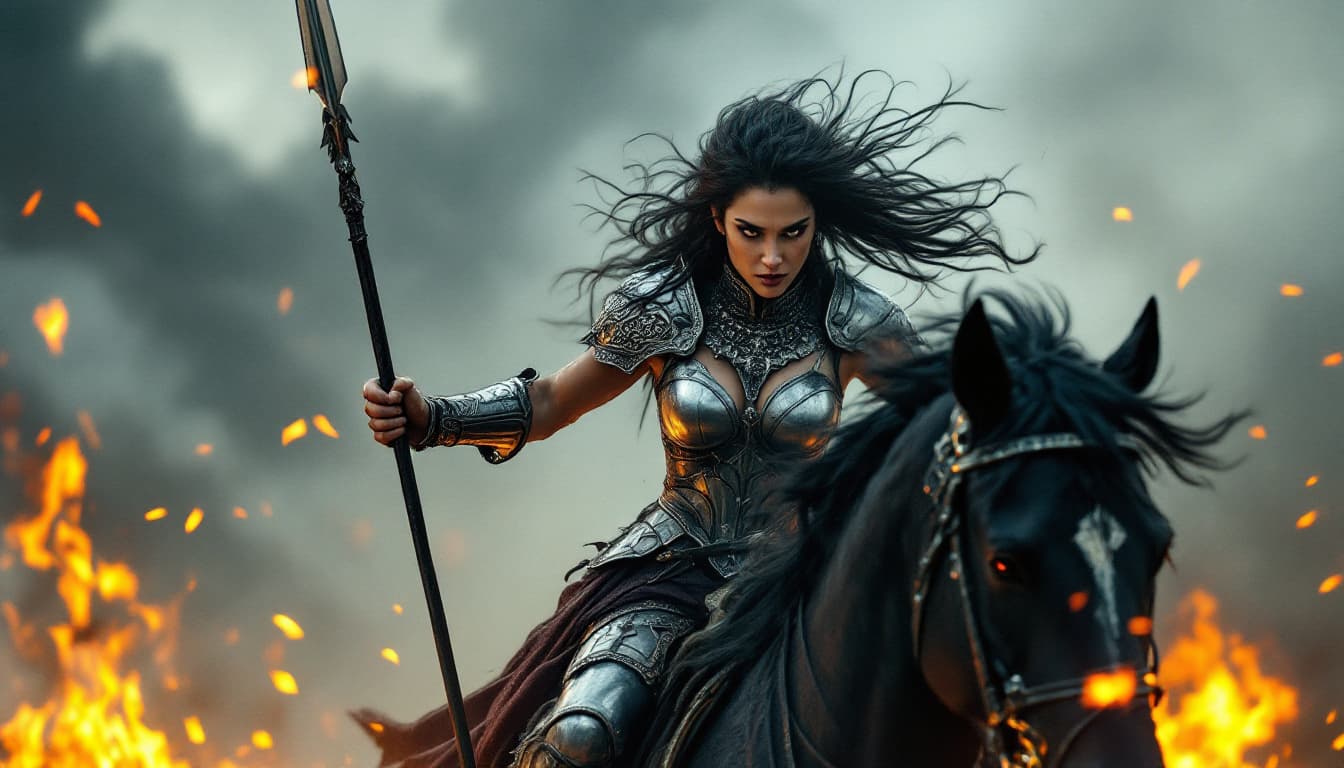 AI generated: A fierce warrior woman, adorned in intricately designed silver armor, rides a powerful black horse, ...