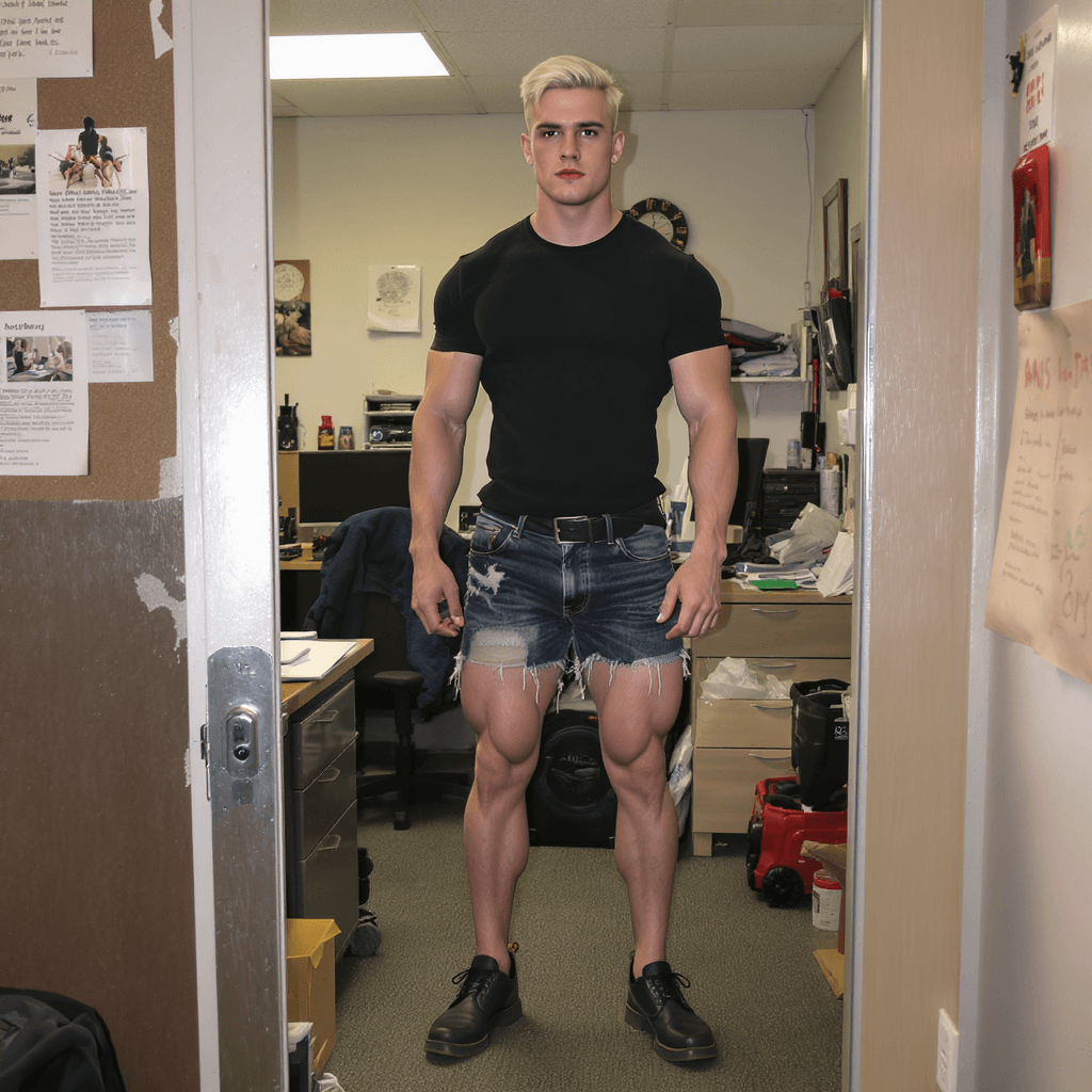 AI generated: Handsome 20-year-old male bodybuilder, with platinum blonde hair, wearing tiny cut off denim shorts ...