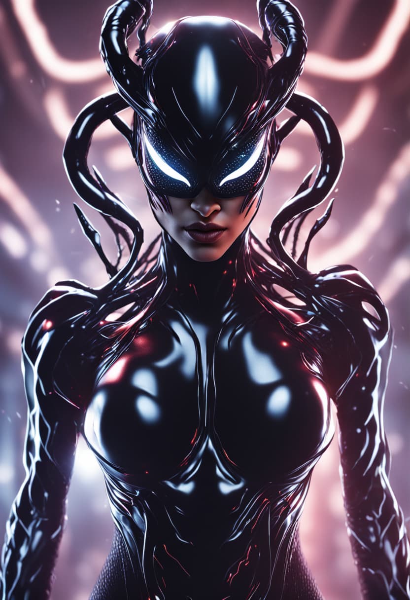 AI generated: beautiful demon girl, symbiote, venom, face visible, futuristic style, Sci-fi, hyperdetail, energy c...