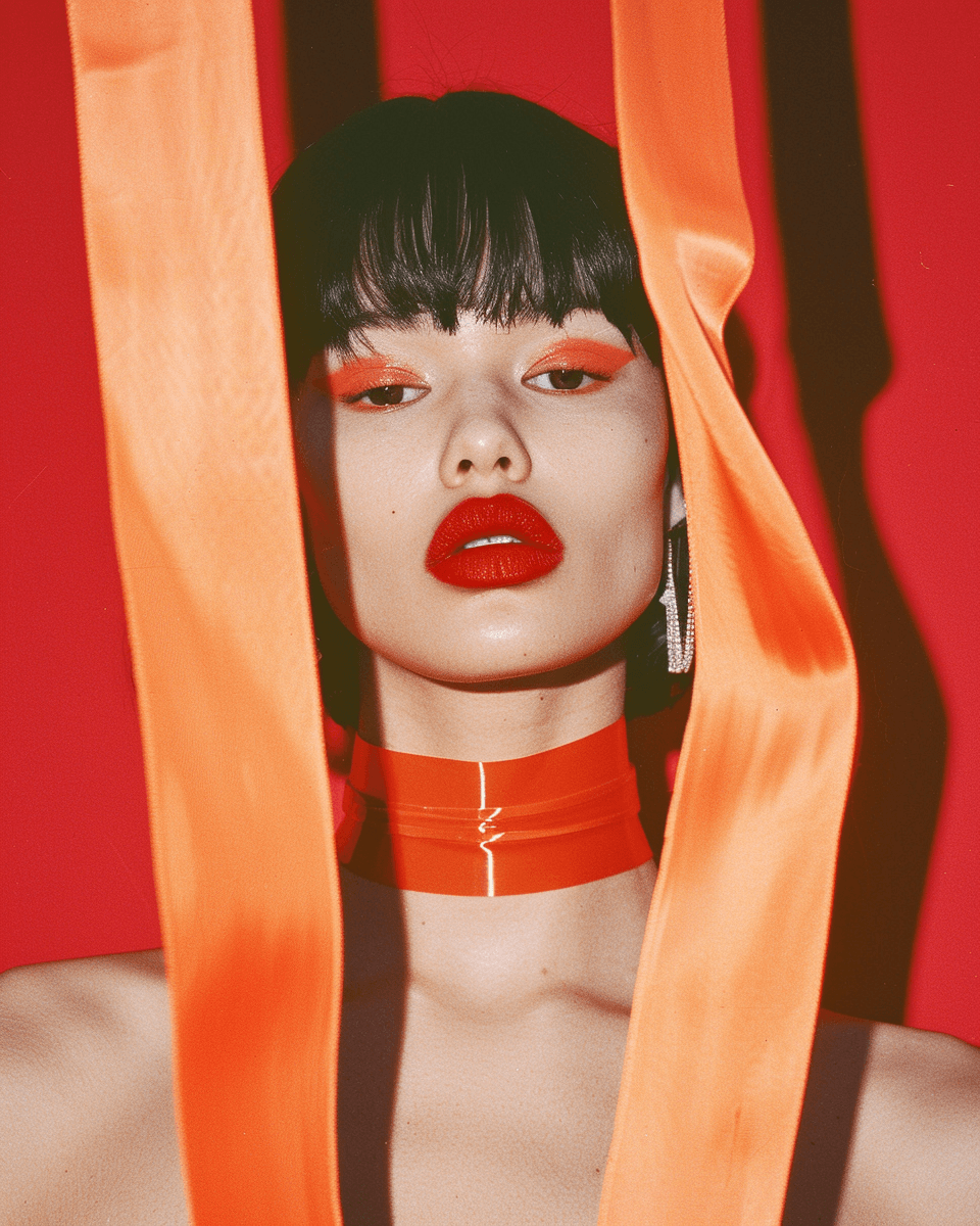 AI generated: A woman with black hair and red lipstick, wearing earrings and an orange choker necklace is seen hid...