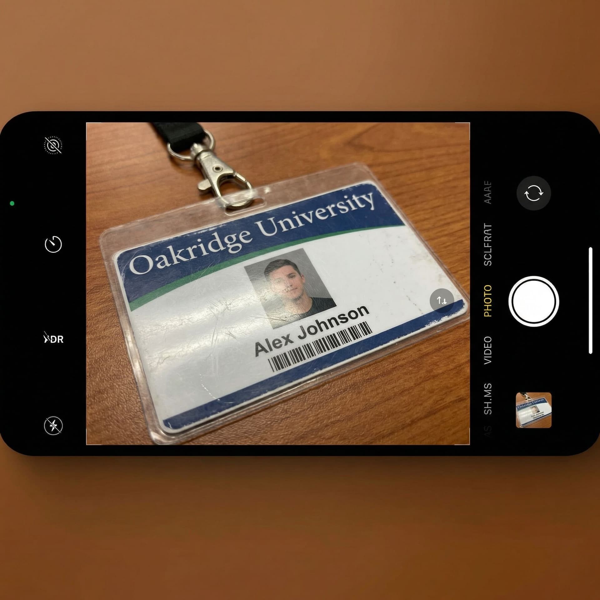 AI generated: Make this id card look like a picture taken with back camera of phone