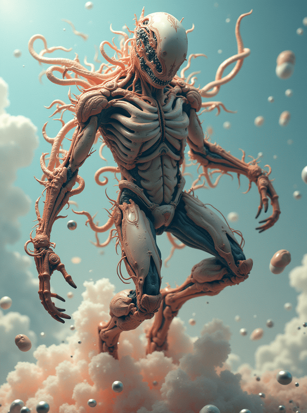 AI generated: A hyper-complex scene depicting a creature with anatomically impossible limbsâmultiple torsos merg...