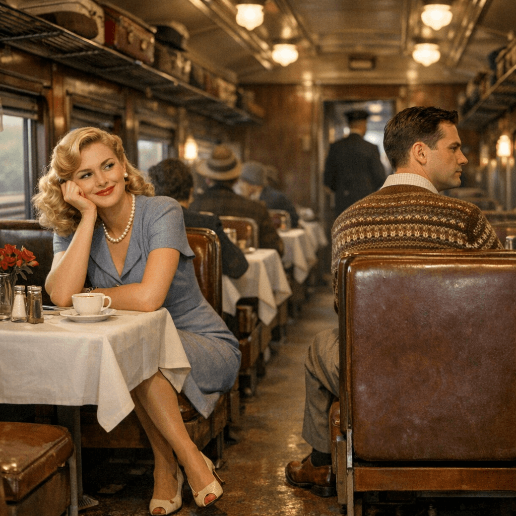 AI generated: A beautiful blonde Russian woman is seated on one side of the aisle of a 1945 passenger train dining...