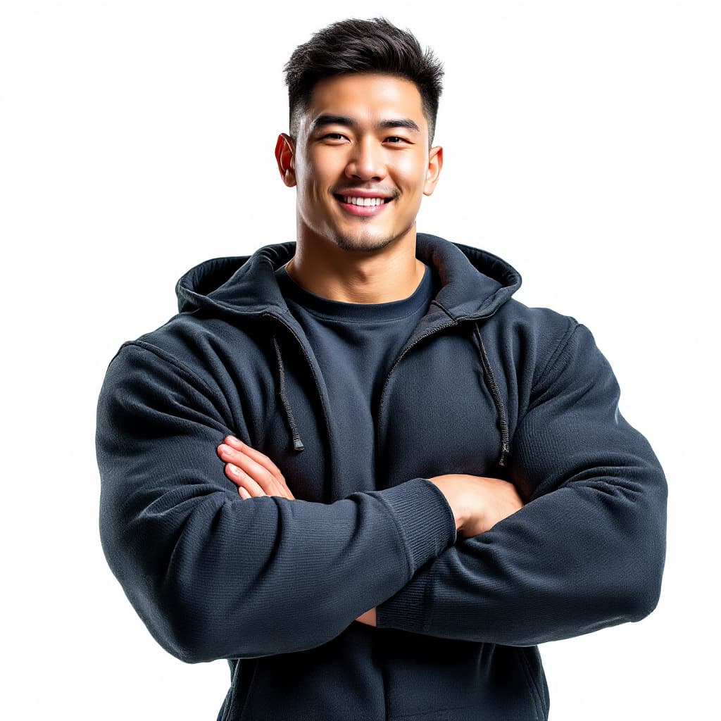 AI generated: handsome chinese boy,24years old，weater,white background,big muscle，