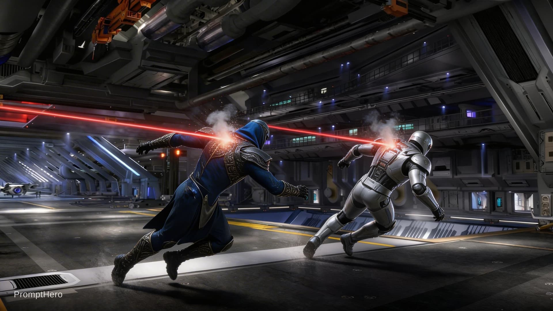 AI generated: Sci-Fi scene. Show two male characters being taken down by Lazer blast to the back. Show falling. Un...