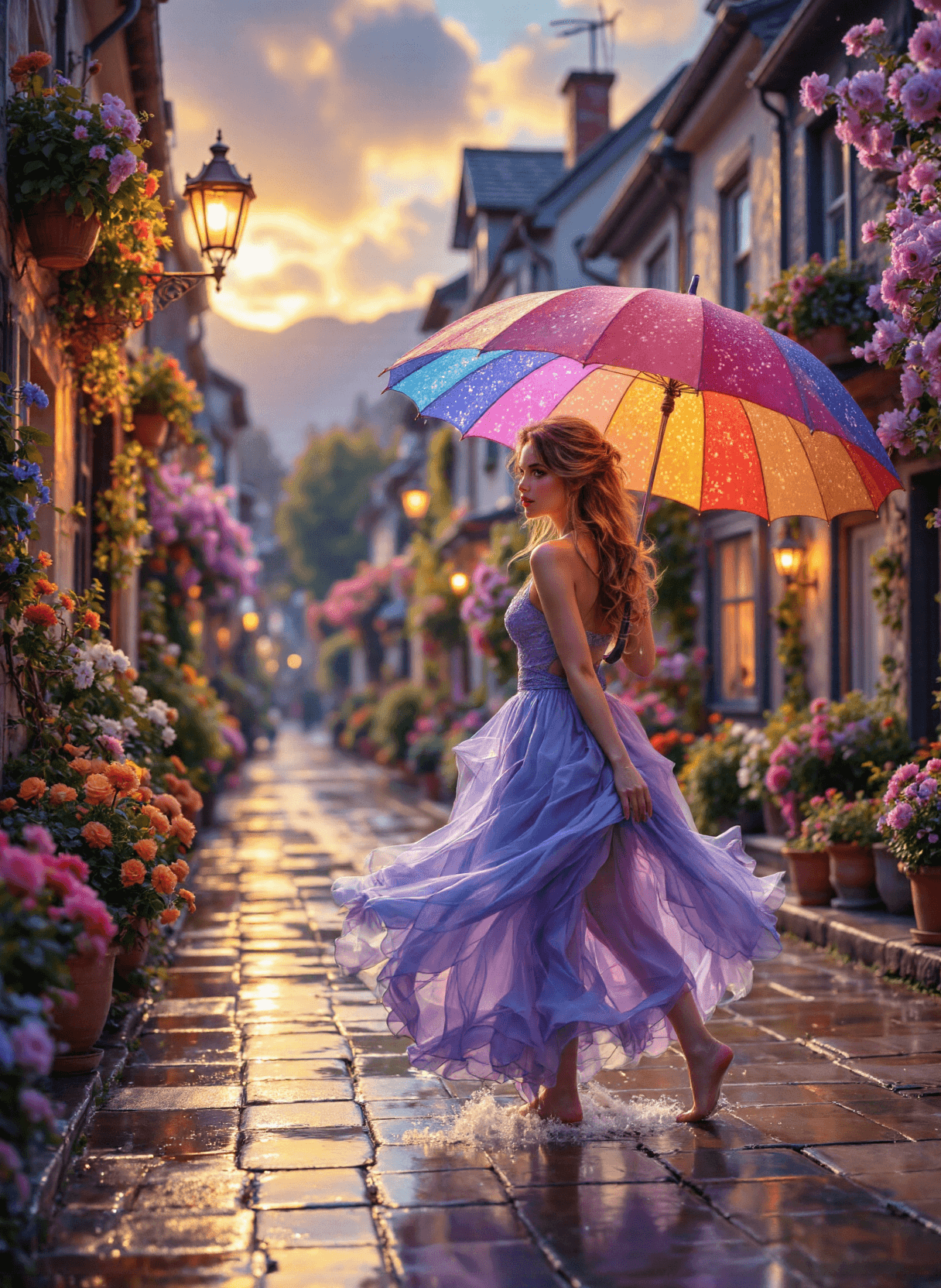 AI generated: The image is a vibrant, colorful scene of a woman walking down a wet street on a rainy day. The scen...