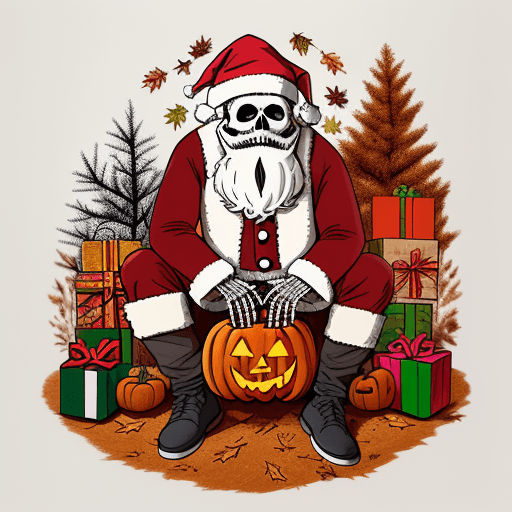 AI generated: a bearded human skeleton in a santa suit, a sack of gifts on his back, carved pumpkins for halloween...