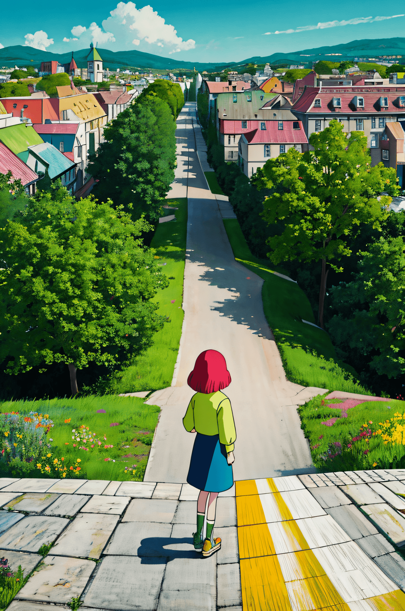 AI generated: Polychrome, limited palette, colorful, scenery, 1girl, rainbow, green city,, detailed background, ma...