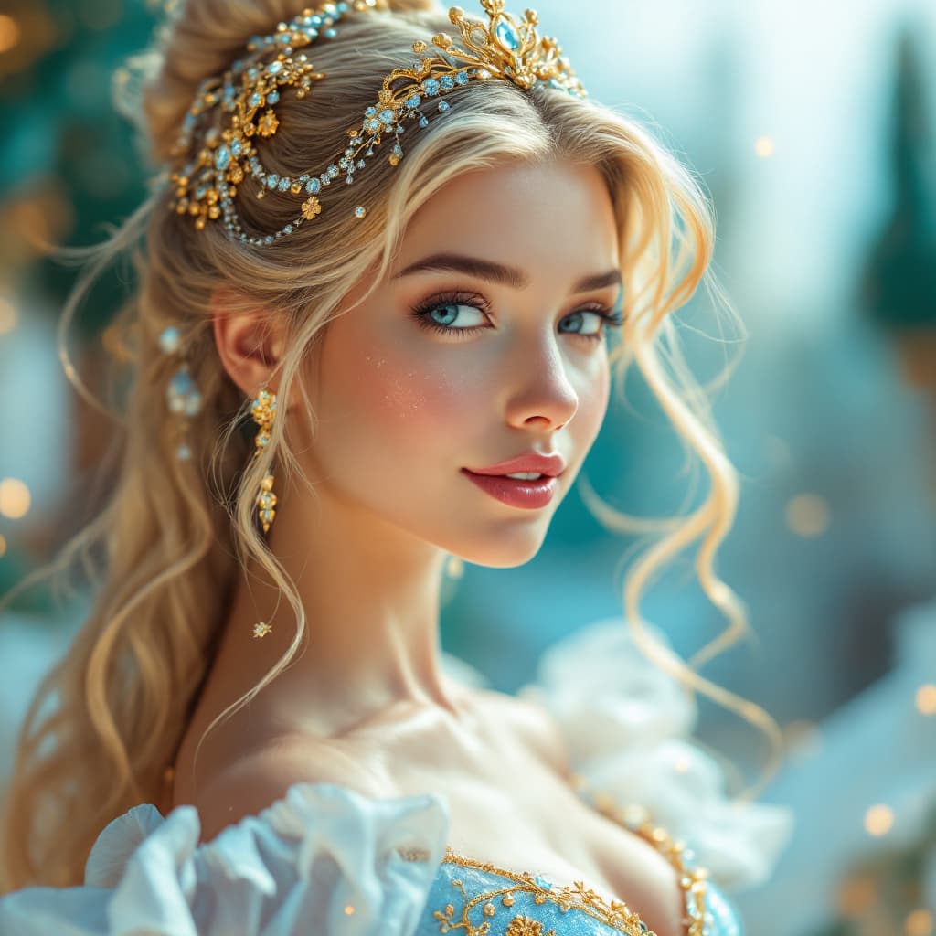 AI generated: 3D image of a woman, Cinderella style, gold and sky blue, fantasy details, joyful realistic stories,...