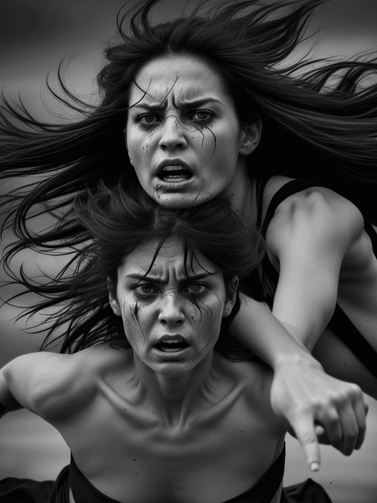 AI generated: black and white photograph of women running, in the style of intense gaze, hauntingly beautiful, ric...