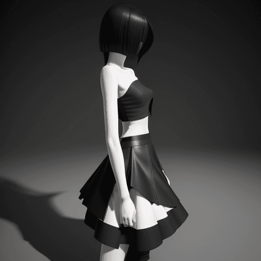 AI generated: Front view of a skirt, edgy design, featuring asymmetric ruffles and leather details, shot from a hi...