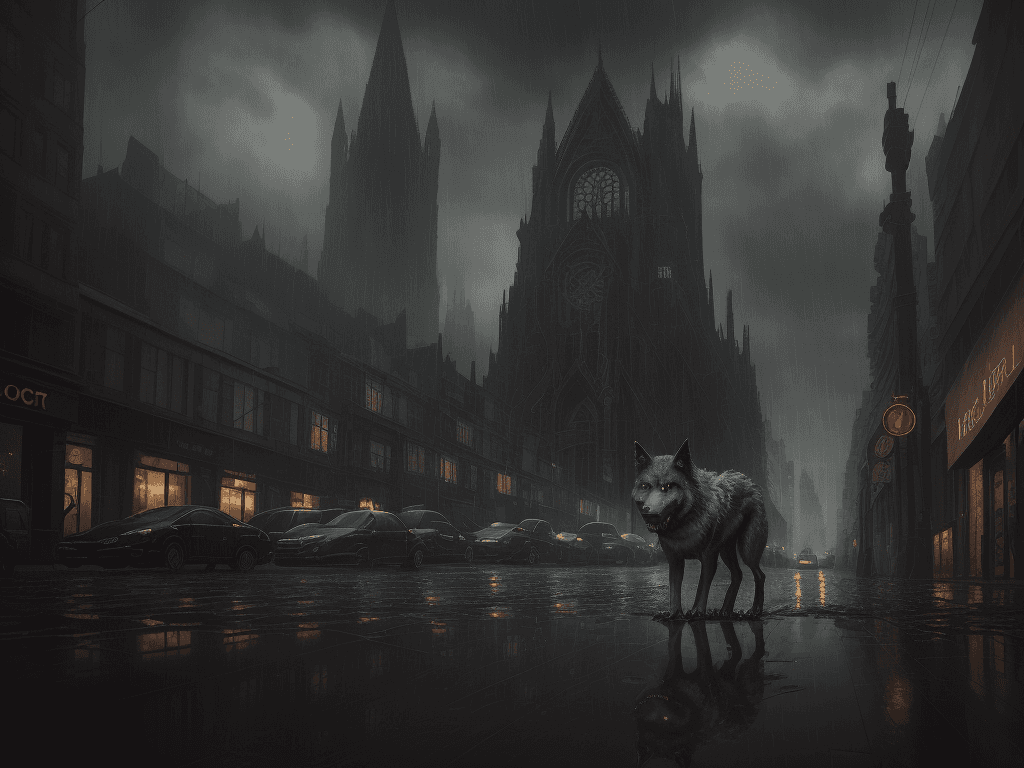 AI generated: post-apocalyptic cityscape, gothic architecture with out-of-service technological elements. It's rai...