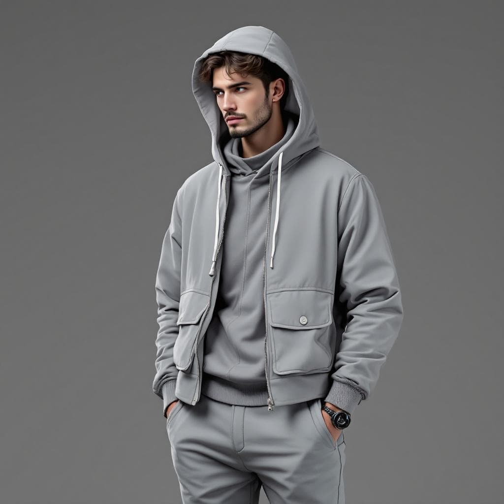 AI generated: create a gray male 2d with nice hooded main colored jacket, a nice pants.create a gray male 2d with ...