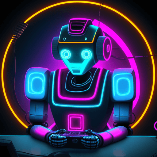 AI generated: A retro-style robot playing a futuristic video game in neon tones with medium resolution.

