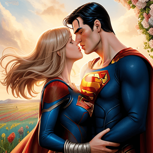 AI generated: Romance illustration, Superman and Supergirl sharing a passionate kiss, romance book, Wild west, set...