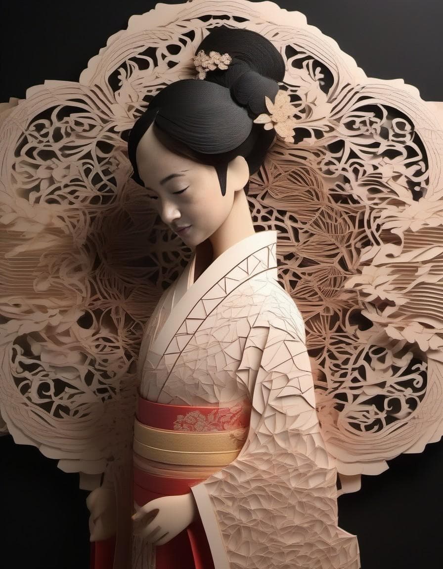 AI generated: create RAW photo realistic, (multi-dimensional paper kirigami craft paper illustration:2.2) is a bea...