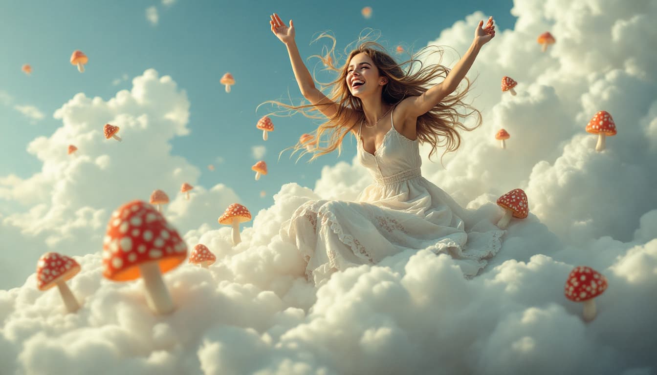 AI generated: a girl sitting on a cloud, laughing with her mouth wide open, her arms raised, the wind blowing her ...