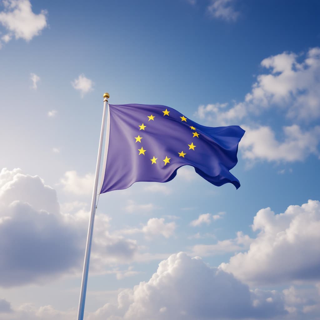 AI generated: Eu Flag, blue sky, cinematic, hyper realism, high detail, octane render, 8k