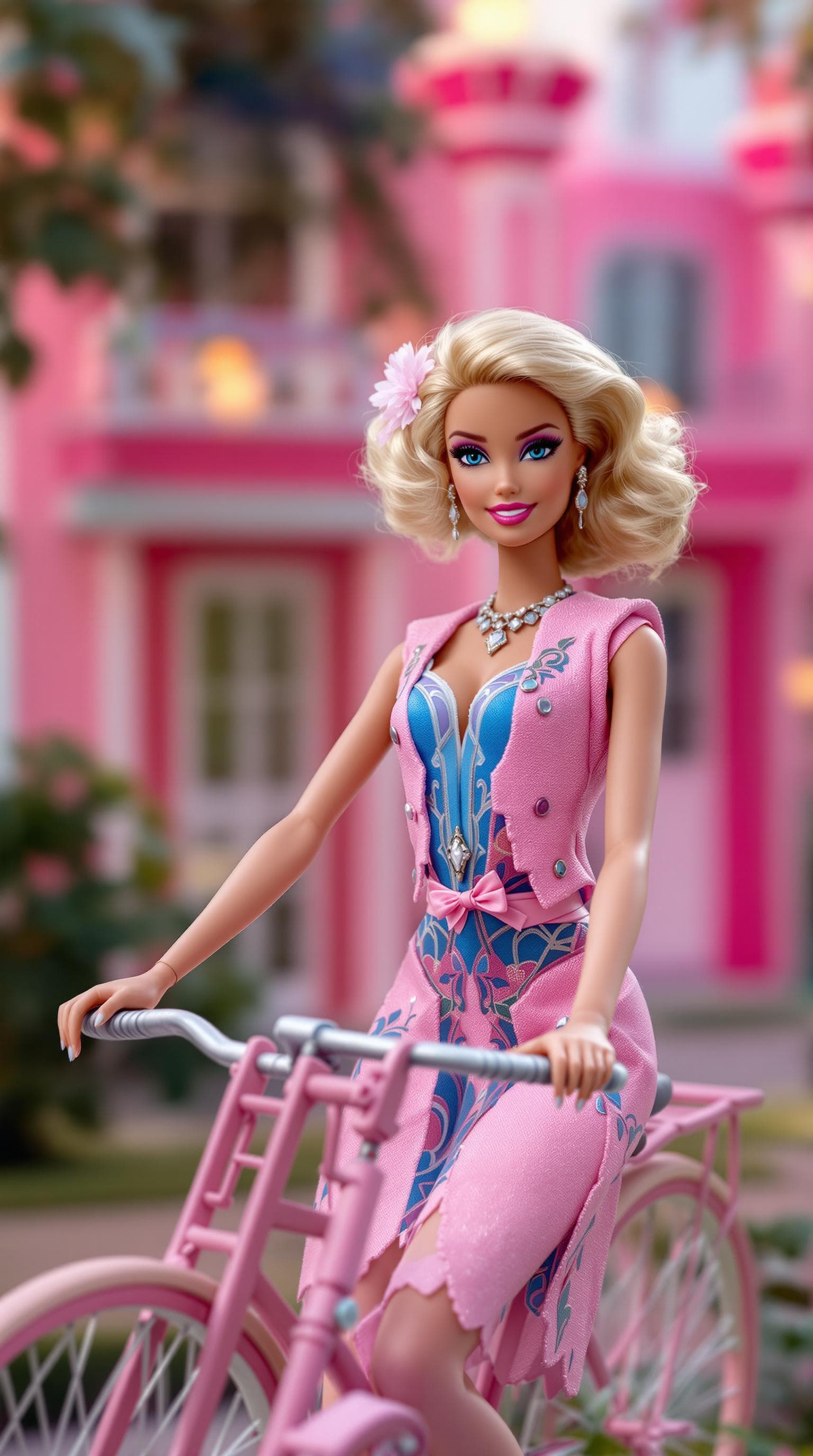 AI generated: photo, 18 year old barbie doll wearing art deco clothing sitting on a bicycle in front of her art de...
