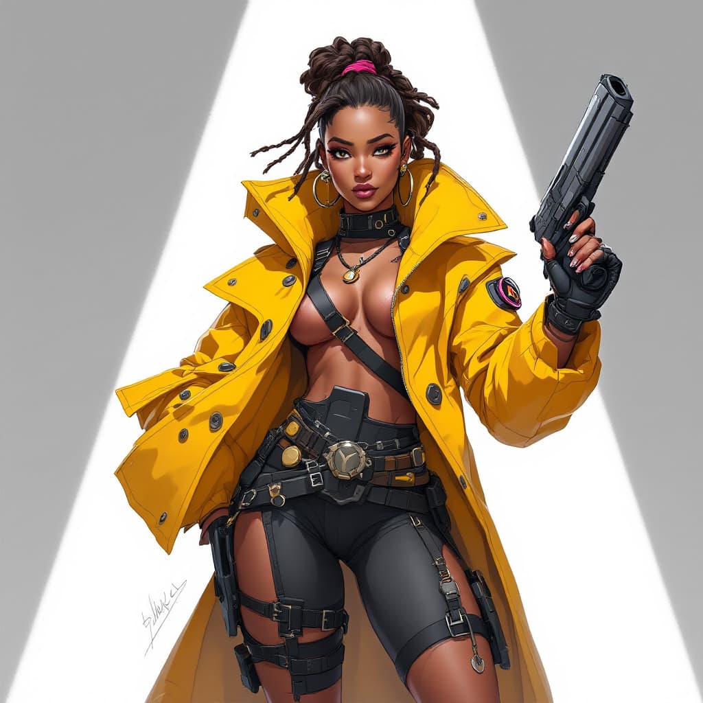 AI generated: a woman in a yellow coat holding a gun and a gun, from overwatch, overwatch character concept art, l...