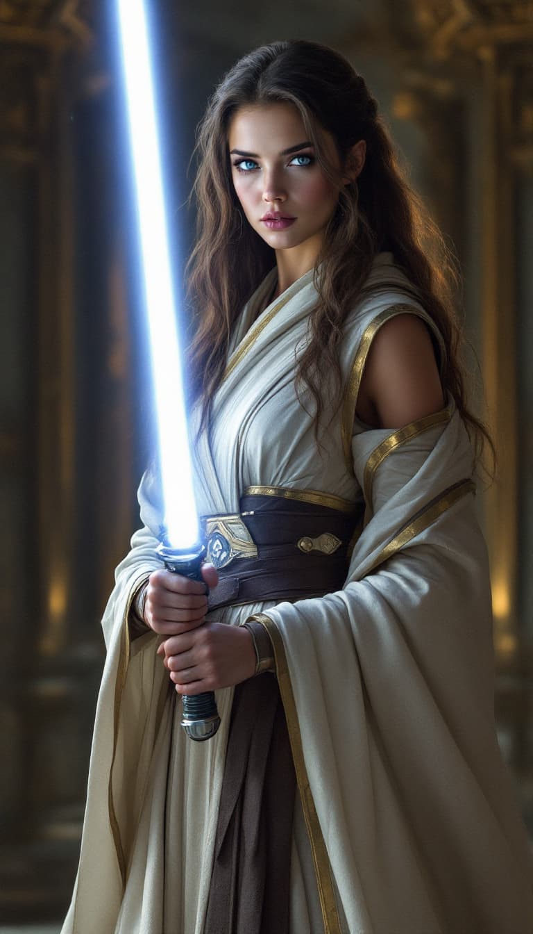 AI generated: Dynamic angle, full body view, realistic, female Jedi Knight, long, flowing hair, elegant robes, lay...