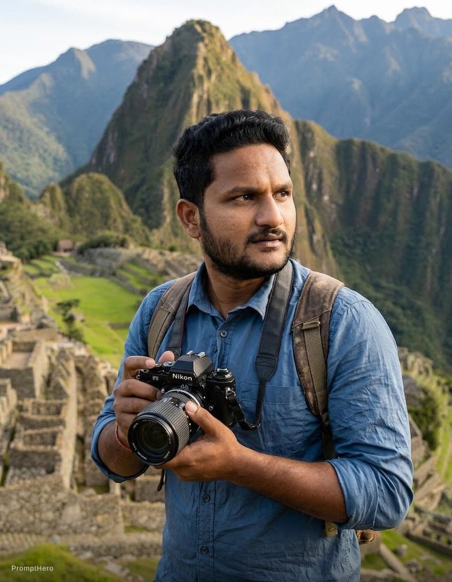 AI generated: a wondering nomad, holding a camera, with discovery of the world's wonders, his expression was looki...