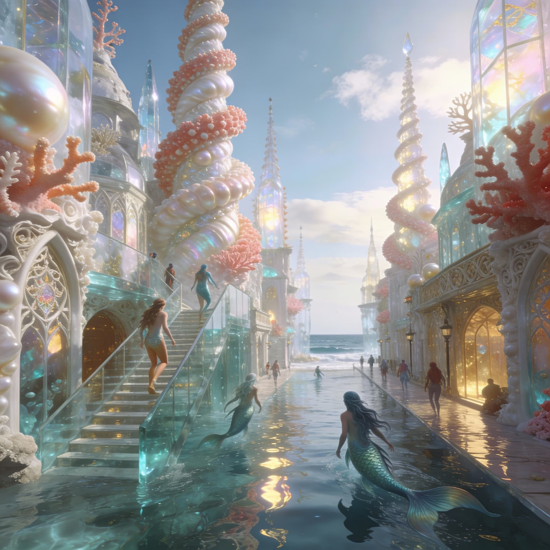 AI generated: Mid-evil fantasy world, Wheel of Time
 The Mermaid City: 
   - A towering, half-submerged metropolis...