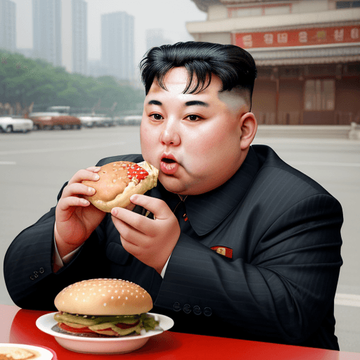 AI generated: North Korea's Kim Jong-un Eats Hamburger on the Street in Seoul, realistic
