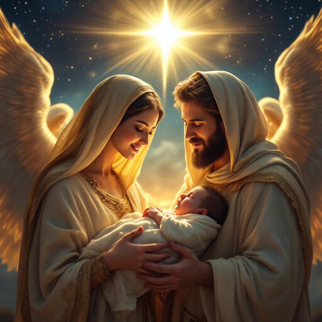 AI generated: An ultra-realistic and cinematic depiction of Mary and Joseph lovingly holding baby Jesus in their h...