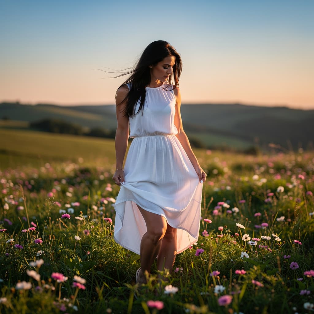 AI generated: A fit adult woman in a white sleeveless dress stands amidst a lush green field dotted with pink and ...