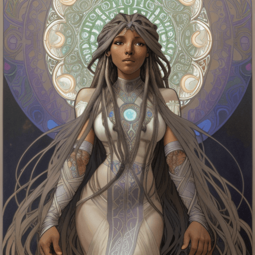 AI generated: earth goddess steel grey skin woven steel dreadlocks ambient light alphonse mucha