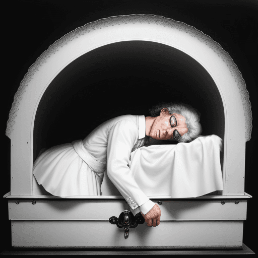 AI generated: Gustav Mahler laments before a small white coffin, photographic realism style, digital reflex camera...
