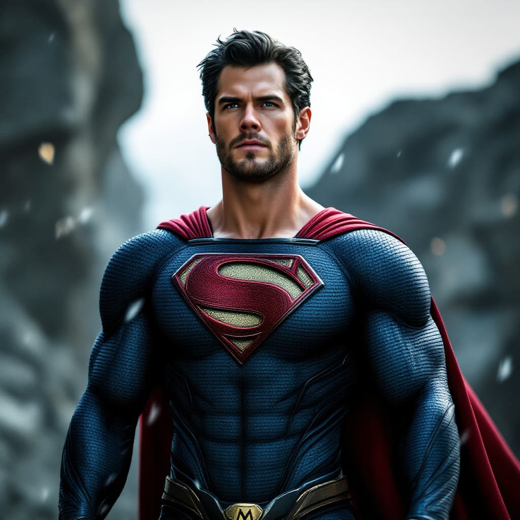 AI generated: Chris Hemsworth as superman but "M "logo on his chest instead of "S"