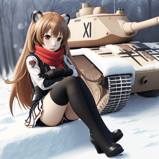 AI generated: taiga aisaka, anime, sit on tank and hug gun turret, winter red school uniform, long hair, high deta...
