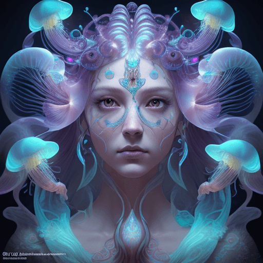 AI generated: Goddess close-up portrait ribcagel. jellyfish phoenix head, nautilus, orchid, skull, betta fish, bio...