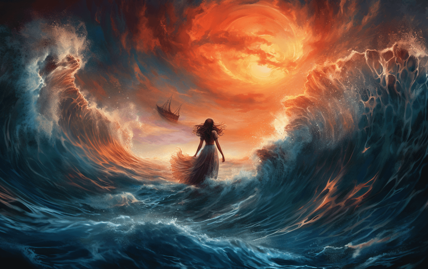 AI generated: A painting of a woman in the ocean, in the style of mythological paintings, epic fantasy scenes