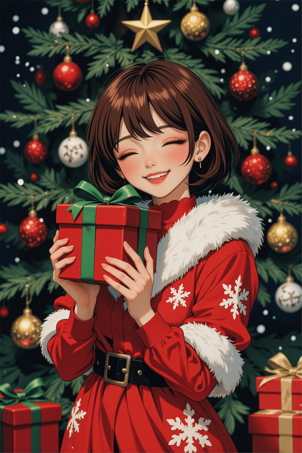 AI generated: A vertical anime illustration of a cheerful young woman with a short chestnut brown bob hairstyle. S...