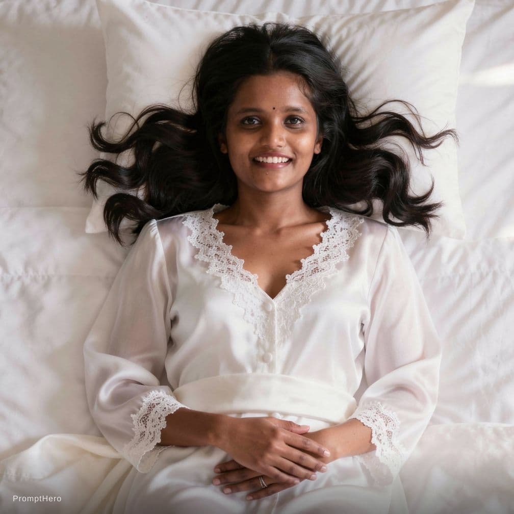 AI generated: Create a high-resolution photograph of a fit adult woman lying on her back in a bed covered with pri...