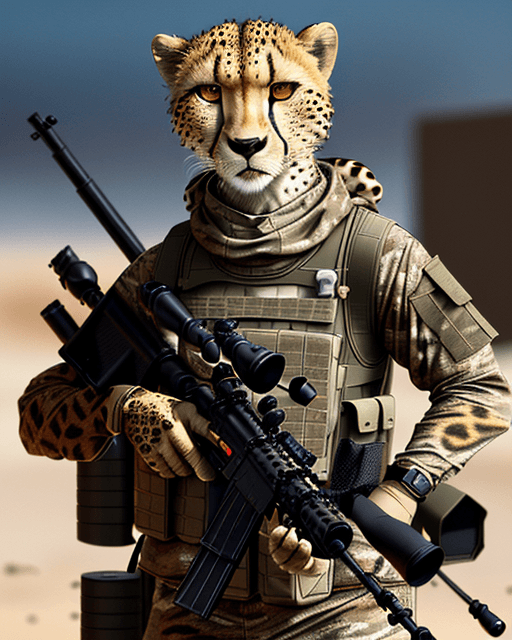 AI generated: Clever cheetah wearing camouflage and sniper gear, holding a sniper rifle, anthropomorphic, super de...
