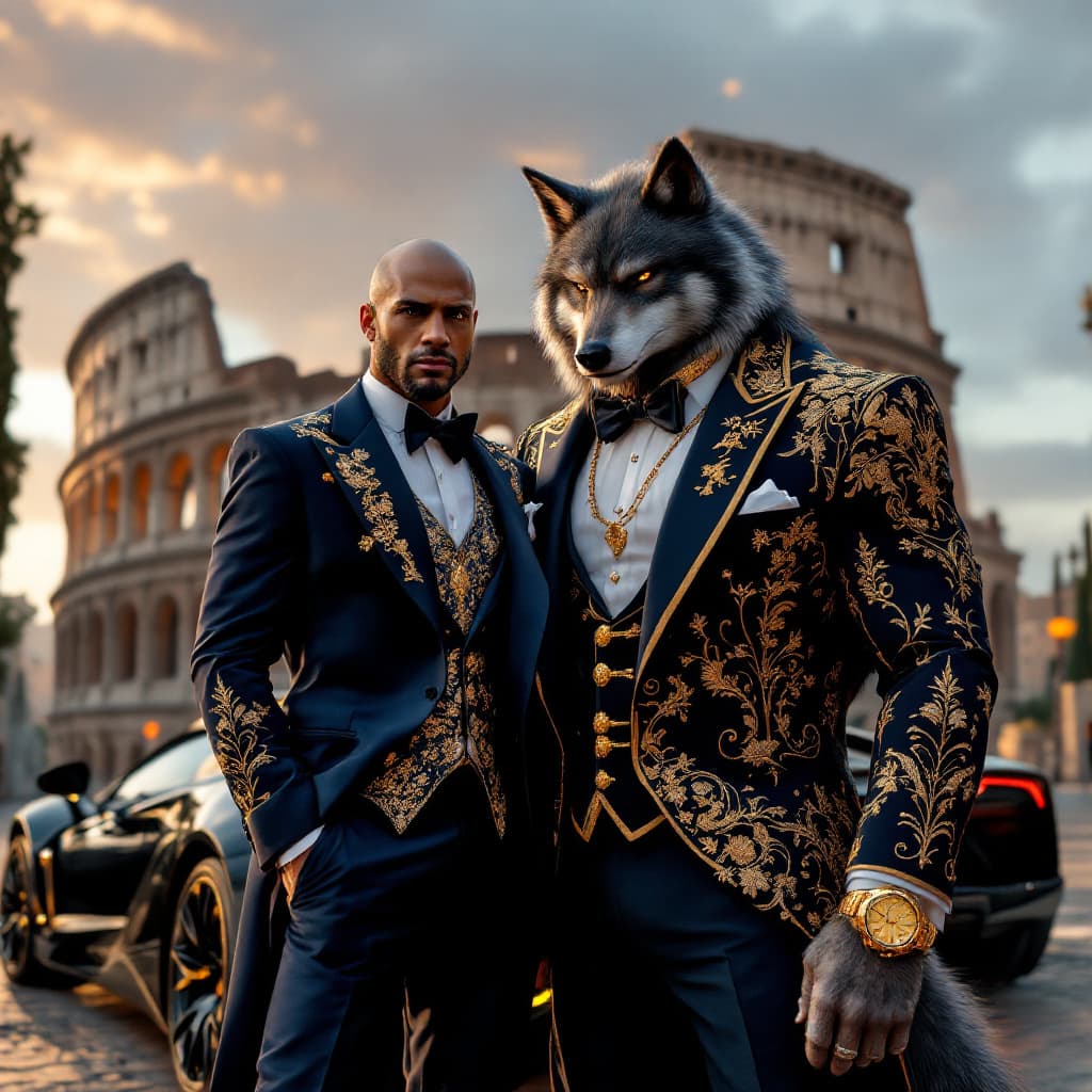 AI generated: A powerful anthropomorphic wolf in a three-piece suit with a golden watch, standing next to a sophis...