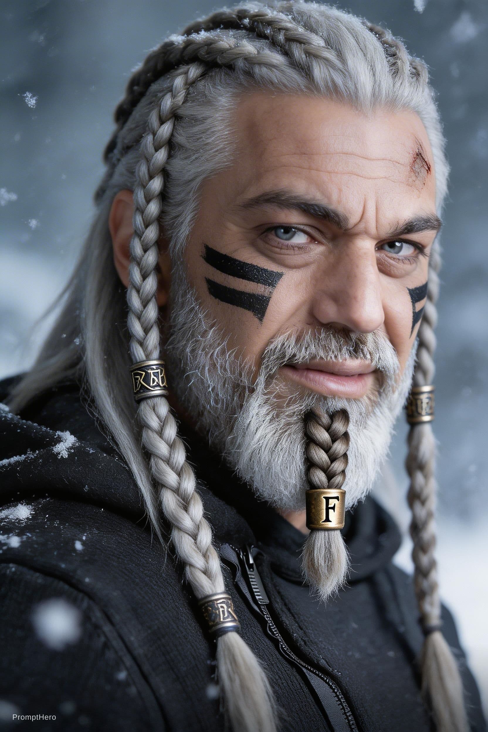 AI generated: {
  "subject_and_concept": {
    "exact_subject": "Close-up portrait of an aging, weathered Viking w...